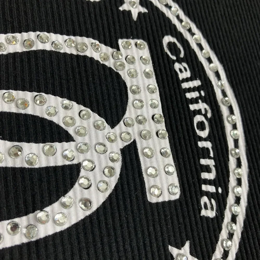 Bebe Top Womens M Black McBling Rhinestone Y2K Logo Stretch Ribbed Short Sleeve - Picture 3 of 10